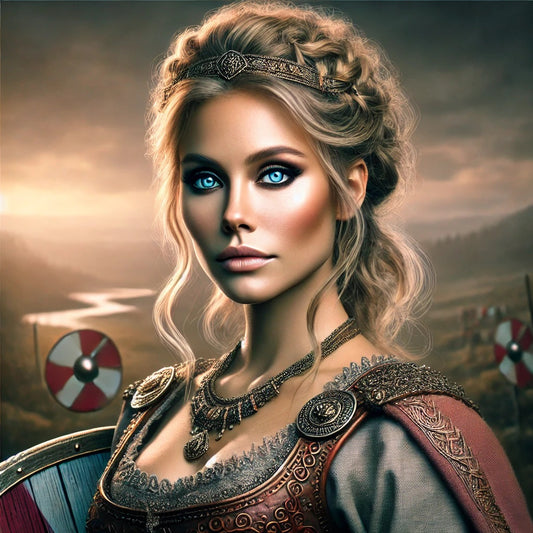 Lagertha facing the camera, with beautiful piercing blue eyes and gorgeous plaited hair, holding a shield