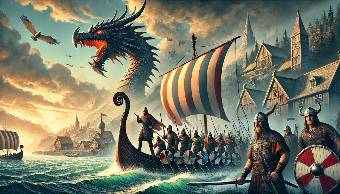 Illustration of Viking warriors, a Viking longship with a dragon head prow, and a coastal settlement, capturing the essence of the Viking Age with themes of adventure, exploration, and cultural impact.