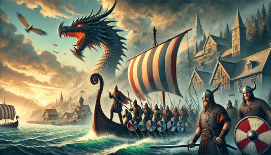 Illustration of Viking warriors, a Viking longship with a dragon head prow, and a coastal settlement, capturing the essence of the Viking Age with themes of adventure, exploration, and cultural impact.