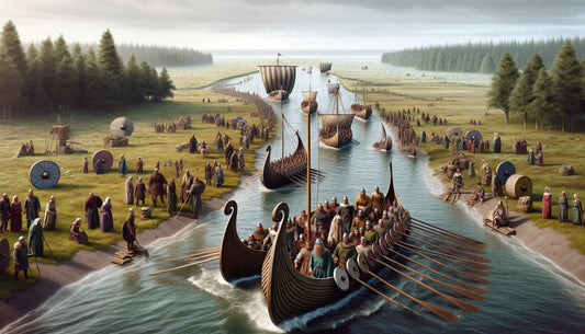 An image showing Viking men, women, and children arriving by boat to a flat, grassy shoreline now dotted with trees. This scene captures their approach to a lush and welcoming environment, ready to establish their new home among the natural scenery.