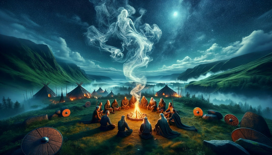 A ghost rises from a fire as Vikings sit in a circle under a misty night sky. The landscape features a scenic view with clouds and Viking structures in the background, creating an eerie and atmospheric scene.