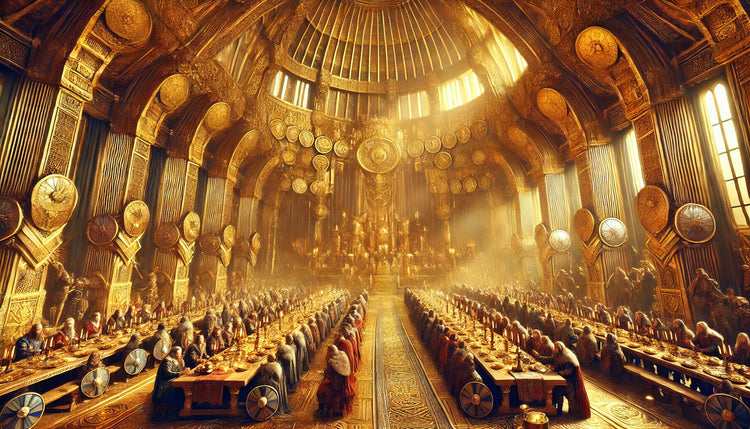 Golden hall of Valhalla with vaulted roof and long feast tables filled with Viking warriors.