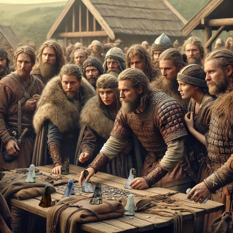 Vikings, male and female, crowd around an empty wooden market stall in a Viking village. They wear leather tunics and fur cloaks, holding coins and interacting eagerly. The background shows a rugged landscape with wooden houses.