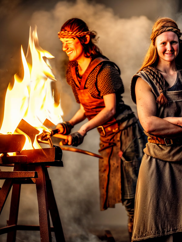 Two female Vikings exhibit strength and determination amidst a fiery setting. The nearest Viking, showcasing her muscular arms confidently folded, engages the viewer with a smirking expression, embodying the fearless spirit of a warrior. Behind the flickering flames that dance in the foreground, her companion smirks while seemingly pushing an unseen object through the smoke, suggesting a narrative of resilience and teamwork.